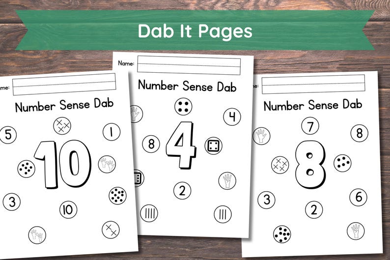 May include: Three black and white printable worksheets with the title "Number Sense Dab" and numbers 10, 4, and 8 surrounded by various symbols representing different quantities.