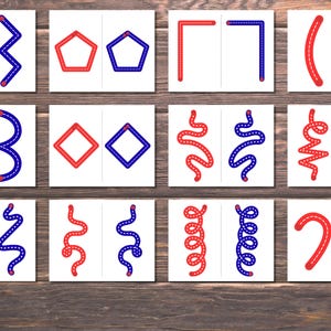Pode incluir: Um conjunto de cart&otilde;es com desenhos de linhas vermelhas e azuis de formas e padr&otilde;es. Os cart&otilde;es apresentam ziguezagues, pent&aacute;gonos, quadrados, curvas e espirais. Os desenhos est&atilde;o em um fundo branco.