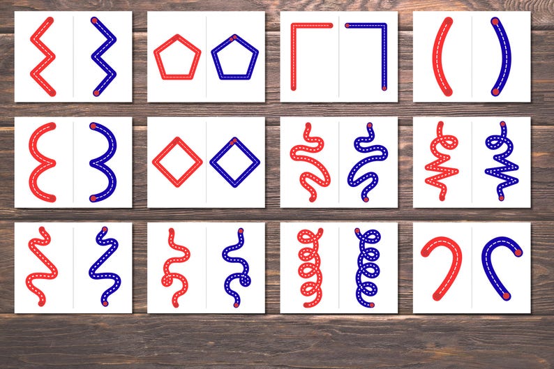 Pode incluir: Um conjunto de cart&otilde;es com desenhos de linhas vermelhas e azuis de formas e padr&otilde;es. Os cart&otilde;es apresentam ziguezagues, pent&aacute;gonos, quadrados, curvas e espirais. Os desenhos est&atilde;o em um fundo branco.
