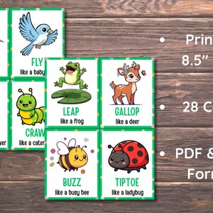 Pode incluir: Conjunto de 28 cart&otilde;es educativos com ilustra&ccedil;&otilde;es de animais e a&ccedil;&otilde;es, como um coelho a saltar e um p&aacute;ssaro a voar. Os cart&otilde;es s&atilde;o impressos em papel de 21,6 cm x 27,9 cm e est&atilde;o dispon&iacute;veis em formato PDF e PNG.