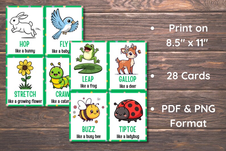 Pode incluir: Conjunto de 28 cart&otilde;es educativos com ilustra&ccedil;&otilde;es de animais e a&ccedil;&otilde;es, como um coelho a saltar e um p&aacute;ssaro a voar. Os cart&otilde;es s&atilde;o impressos em papel de 21,6 cm x 27,9 cm e est&atilde;o dispon&iacute;veis em formato PDF e PNG.