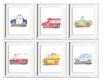 Set von 12 Transport-Kinderzimmer-Drucken, Aquarell-Bauset, Bau-LKW-Kinderzimmer-Drucke, Fahrzeug-Drucke, Kindergalerie-Wand-Set