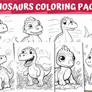 Op de afbeelding: Zwart-witte kleurplaten met schattige cartoon-dinosaurussen. De dinosaurussen staan in verschillende poses, waaronder staan, zitten en lopen. De pagina's zijn perfect voor kinderen die van dinosaurussen houden.