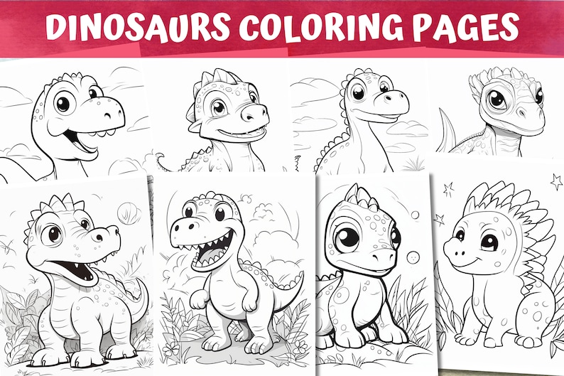 Op de afbeelding: Zwart-witte kleurplaten met schattige cartoon-dinosaurussen. De dinosaurussen staan in verschillende poses, waaronder staan, zitten en lopen. De pagina's zijn perfect voor kinderen die van dinosaurussen houden.