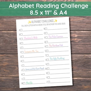 May include: A white paper sheet titled Alphabet Challenge with a list of letters from A to Z, each followed by a checkbox and a blank line for book titles. Some lines are filled with handwritten book titles in various colors of ink.