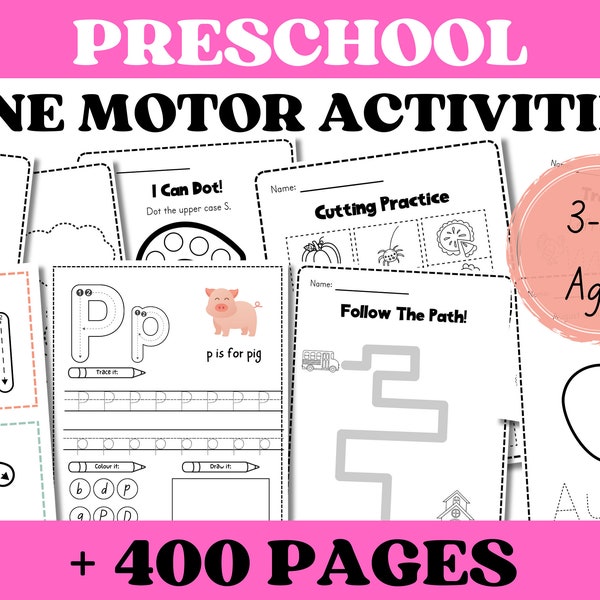 400+ Pages Preschool Pre-K Learning Bundle, Activity Worksheets, Alphabet, Dot To Dot, Cutting, Puzzle, Tracing, Toddler Worksheets Workbook
