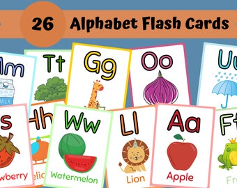 26 cartes flash ABC, cartes éducatives, cartes de A à Z, apprendre l'alphabet, cartes flash de l'alphabet, alphabet couleurs pour enfants, cartes Montessori, téléchargement numérique