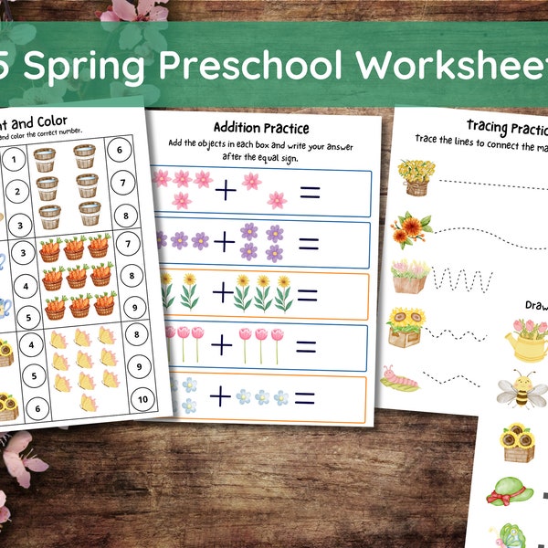 Paquete de actividades preescolares de primavera imprimible, 35 páginas, 8,5"x11", formato PDF