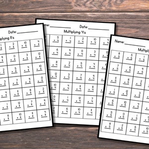 May include: Three black and white printable worksheets for practicing multiplication facts. The worksheets are titled "Multiplying 1's", "Multiplying 4's", and "Multiplying 5's". Each worksheet has a grid of multiplication problems.