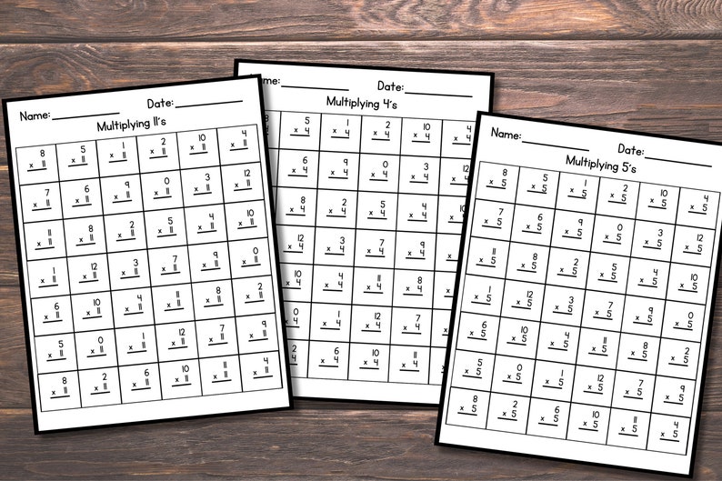 May include: Three black and white printable worksheets for practicing multiplication facts. The worksheets are titled "Multiplying 1's", "Multiplying 4's", and "Multiplying 5's". Each worksheet has a grid of multiplication problems.