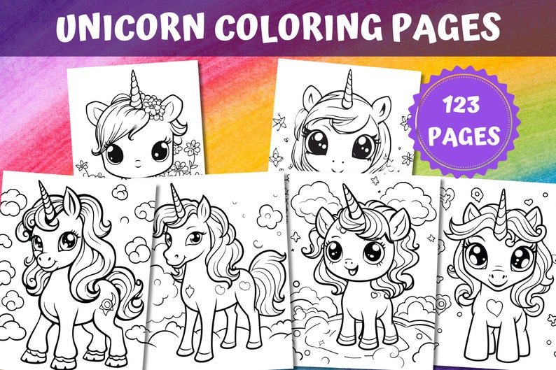 May include: A set of six black and white coloring pages featuring cute unicorn illustrations. Each page includes a unicorn with a horn, mane, and tail. The pages are perfect for kids who love to color.