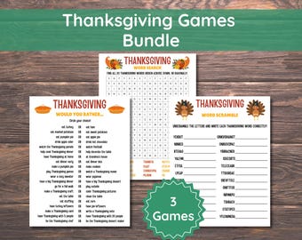 Thanksgiving Games Bundle for Kids & Adults, Printable Thanksgiving Word Search, Word Scramble, Would You Rather Game, Family Party Games