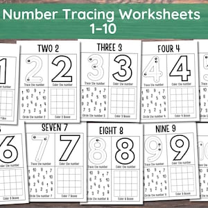 May include: A set of ten black and white number tracing worksheets, each featuring a number from one to ten. Each worksheet includes a number to trace, a space to color, and a number recognition exercise. The worksheets are designed for early childhood education.