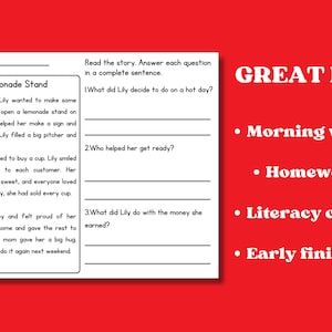 May include: A worksheet with the title "Lily's Lemonade Stand" and questions about the story. The worksheet is on a white background with a red border. The right side of the image has the text "GREAT FOR:" and bullet points.