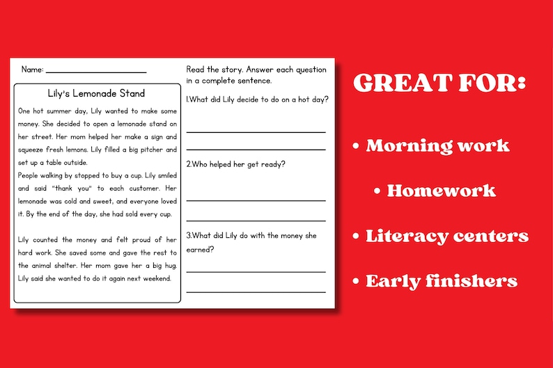 May include: A worksheet with the title "Lily's Lemonade Stand" and questions about the story. The worksheet is on a white background with a red border. The right side of the image has the text "GREAT FOR:" and bullet points.