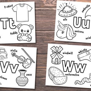 May include: Black and white colouring pages featuring the letters T, U, V, and W with various objects starting with each letter.  The objects include a tree, t-shirt, teddy bear, tomato, ufo, umbrella, unicorn, urial, van, violin, volcano, vase, windmill, whistle, watermelon, and worm.