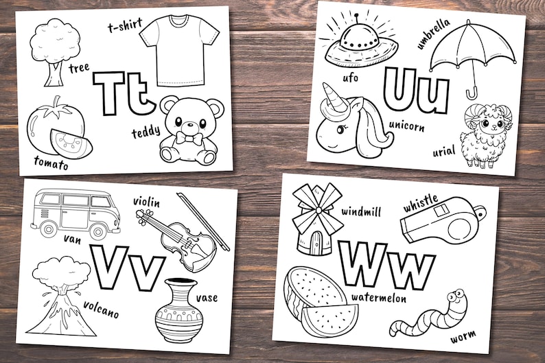 May include: Black and white colouring pages featuring the letters T, U, V, and W with various objects starting with each letter.  The objects include a tree, t-shirt, teddy bear, tomato, ufo, umbrella, unicorn, urial, van, violin, volcano, vase, windmill, whistle, watermelon, and worm.
