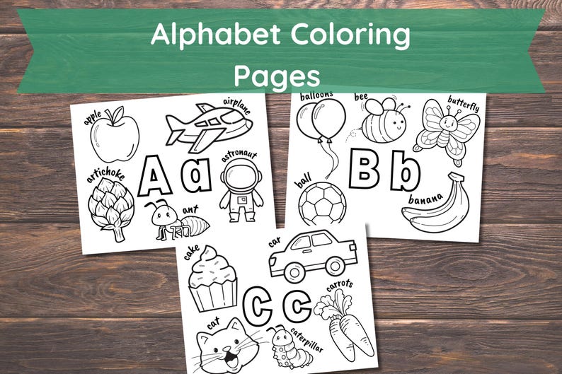 May include: Black and white colouring pages featuring the alphabet from A to C. Each letter is accompanied by a picture of an object that starts with that letter, such as an apple for A, a bee for B, and a car for C.