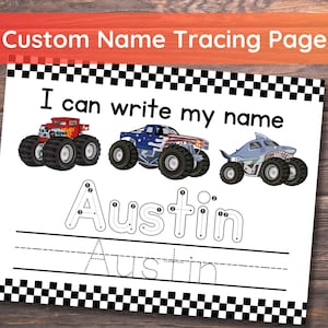 Puede incluir: Página de trazado imprimible con un camión monstruo, un tiburón y el nombre "Austin". La página incluye líneas punteadas para ayudar a trazar las letras y una línea en blanco para practicar.