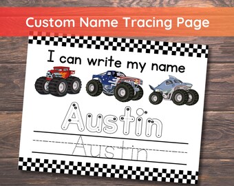 May include: Printable tracing page featuring a monster truck, shark, and the name "Austin". The page includes dotted lines to help trace the letters and a blank line for practice.