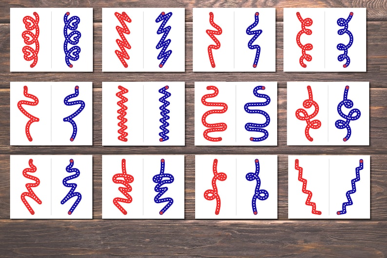 Pode incluir: Doze cart&otilde;es, cada um dividido em duas se&ccedil;&otilde;es, apresentando desenhos de linhas vermelhas e azuis. Os desenhos variam, incluindo linhas onduladas, ziguezagues e formas de cora&ccedil;&atilde;o, tudo em um fundo branco.