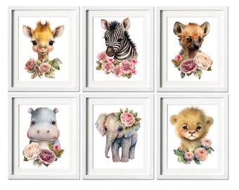 Safari Kinderzimmer Drucke, 8er Set Drucke, Kinderzimmer Dekor, Kinderzimmer Wandkunst, Baby Tierdrucke für Kinderzimmer, Baby Tierdrucke, Safari Wandkunst
