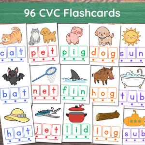 May include: A collection of 96 CVC flashcards with colorful illustrations and corresponding words. The cards feature images of a cat, bat, hat, pet, net, jet, pig, fin, lid, dog, hog, log, sun, tub, and sub. The text "96 CVC Flashcards" is at the top.