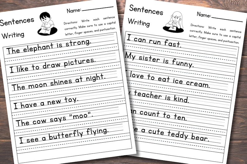 May include: Two white educational worksheets titled Sentences Writing with black text and line guides for handwriting practice. The pages feature illustrations of children writing and include sentences like The elephant is strong and I can run fast.