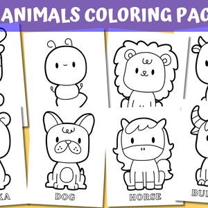May include: A set of 36 black and white coloring pages featuring various animals, including a quokka, dog, horse, and buffalo. Each animal is depicted in a simple, cartoon-like style, making them easy for children to color.