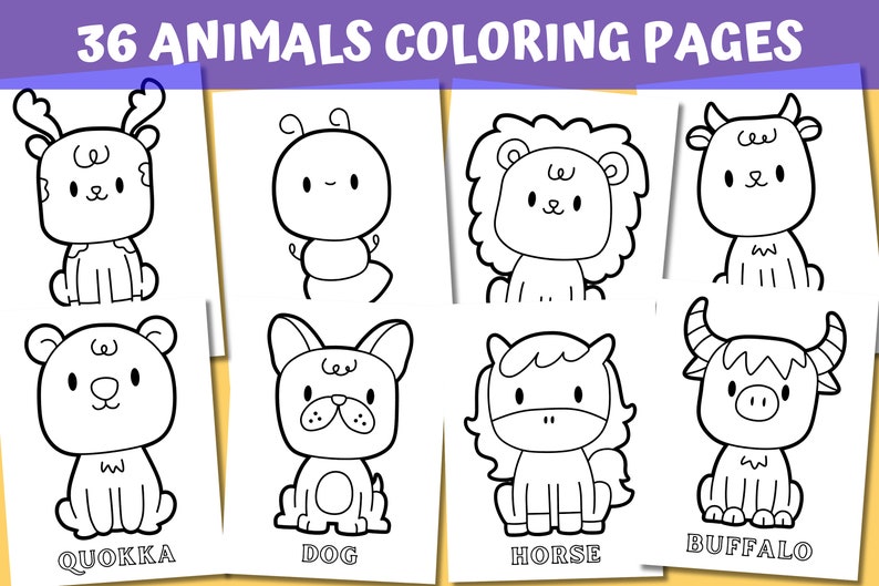 May include: A set of 36 black and white coloring pages featuring various animals, including a quokka, dog, horse, and buffalo. Each animal is depicted in a simple, cartoon-like style, making them easy for children to color.