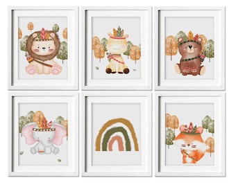 Boho Nursery Decor, Neutral Color Print Set of 6, Sun Rainbow Nursery Printable Wall Art Boho Kids Room Art Animals Modern Nursery Prints