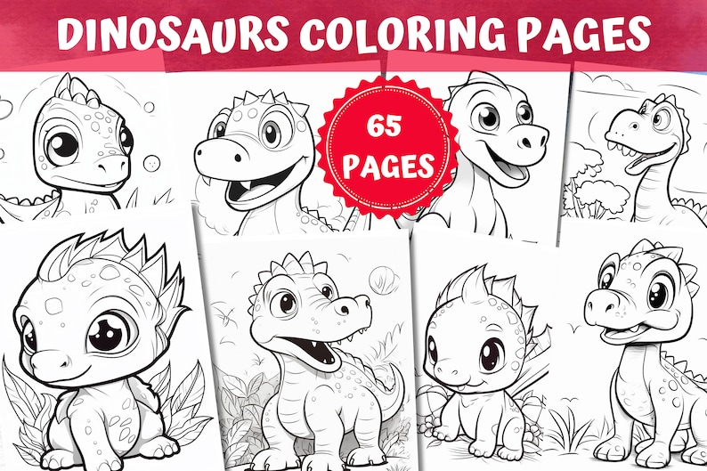 Op de afbeelding: Zwart-witte kleurplaten met schattige cartoon-dinosaurussen. Er zijn in totaal 65 pagina's.