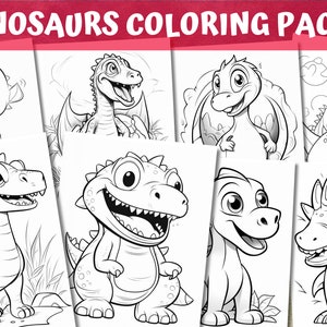 Op de afbeelding: Een set van acht zwart-wit kleurplaten met schattige cartoon-dinosaurussen. Elke pagina toont een andere dinosaurus met een vriendelijke uitdrukking. De dinosaurussen staan in verschillende poses, waaronder staan, zitten en lopen. Deze kleurplaten zijn perfect voor kinderen die van dinosaurussen houden.