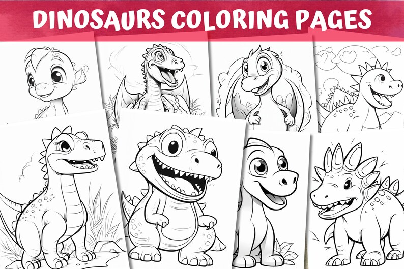 Op de afbeelding: Een set van acht zwart-wit kleurplaten met schattige cartoon-dinosaurussen. Elke pagina toont een andere dinosaurus met een vriendelijke uitdrukking. De dinosaurussen staan in verschillende poses, waaronder staan, zitten en lopen. Deze kleurplaten zijn perfect voor kinderen die van dinosaurussen houden.