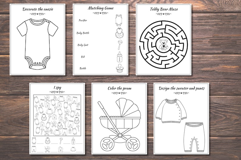 May include: A printable set of baby-themed colouring pages with activities like decorating a onesie, matching baby items, a teddy bear maze, an 'I Spy' game, colouring a pram, and designing a sweater and pants.