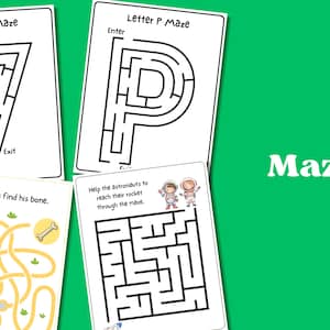 May include: Four black and white maze worksheets. The first maze is shaped like the number 7. The second maze is shaped like the letter P. The third maze features a dog and a bone. The fourth maze features two astronauts and a rocket.