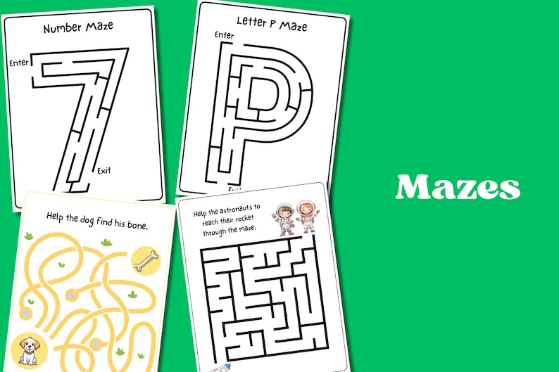 May include: Four black and white maze worksheets. The first maze is shaped like the number 7. The second maze is shaped like the letter P. The third maze features a dog and a bone. The fourth maze features two astronauts and a rocket.