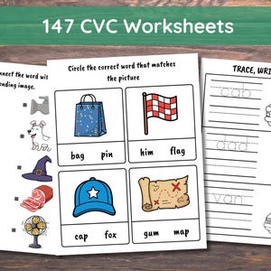 Könnte beinhalten: Ein Satz CVC-Arbeitsblätter mit dem Titel "147 CVC Worksheets". Die Arbeitsblätter umfassen das Zuordnen von Wörtern zu Bildern, das Einkreisen des richtigen Wortes sowie Schreib- und Ausmalübungen. Die Bilder sind in Schwarzweiß gehalten.