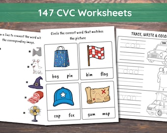CVC Words Worksheets, CVC Word Families Phonics Worksheets: Kindergarten & Grade 1, Literacy Activities, Learn to Read, Blends and Digraphs