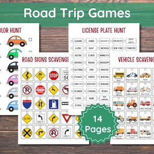 Pode incluir: Um conjunto de jogos de viagem imprimíveis com quatro folhas de atividades intituladas Car Color Hunt, License Plate Hunt, Road Signs Scavenger Hunt e Vehicle Scavenger Hunt, com um gráfico de estrela verde indicando 14 páginas no total.