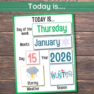Może przedstawiać: Biały i zielony plakat edukacyjny na drewnianym tle. Plakat pokazuje dzień jako czwartek, 15 stycznia 2026 r., z grafiką burzliwej pogody i porą roku zimą.
