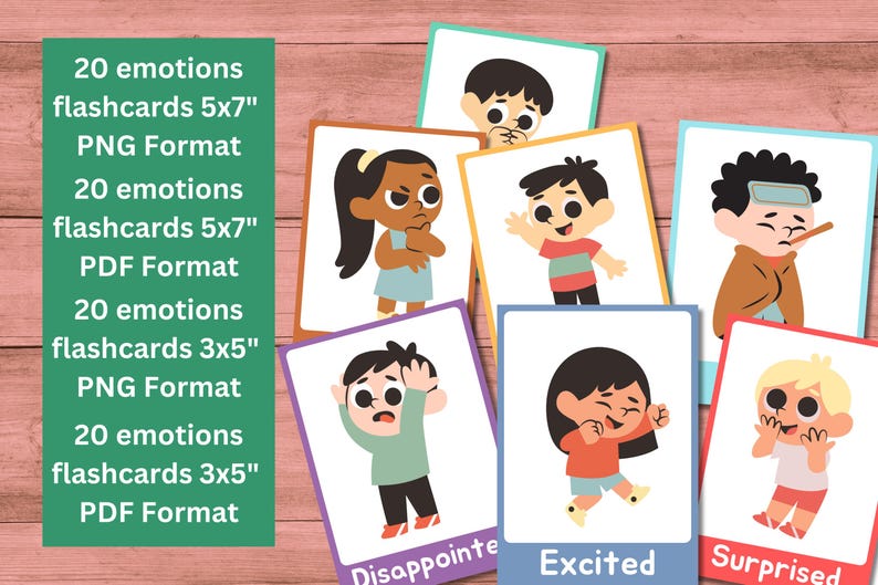 May include: Set of 20 colorful flashcards featuring cartoon illustrations of children expressing different emotions. The cards are labeled with the emotion names, such as "Disappointed", "Excited", and "Surprised".
