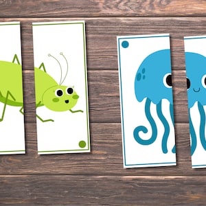 Op de afbeelding: Twee sets bedrukbare kaarten met een groene sprinkhaan en een blauwe kwal. Elk dier is in twee delen gesplitst voor een matching game.