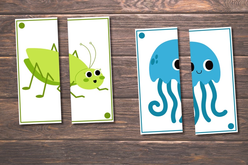 Op de afbeelding: Twee sets bedrukbare kaarten met een groene sprinkhaan en een blauwe kwal. Elk dier is in twee delen gesplitst voor een matching game.