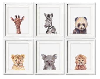 Safari Nursery Prints, Set of 6 Prints, Nursery Decor, Nursery Wall Art, Baby Animal Prints for Nursery, Baby Animal Prints, Safari Wall Art