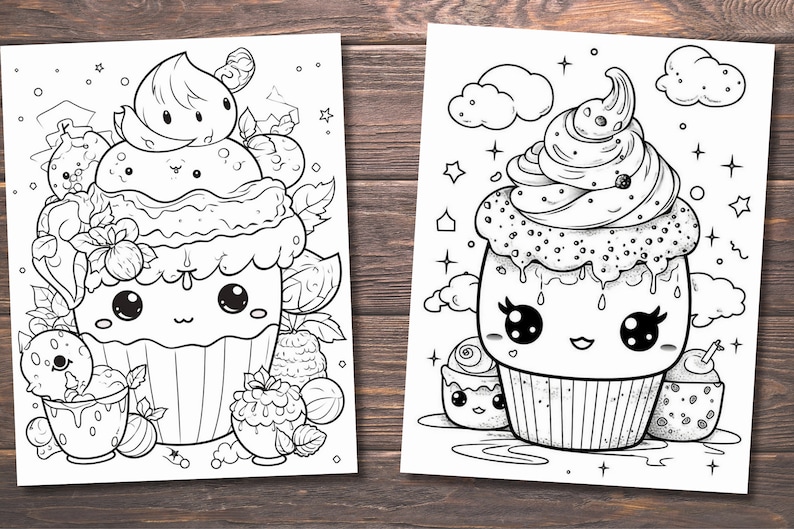 May include: Two black and white line drawings of cute cartoon cupcakes with frosting and sprinkles. The cupcakes have big eyes and smiling mouths. The first cupcake is surrounded by strawberries, leaves, and other small details. The second cupcake is surrounded by clouds and stars.