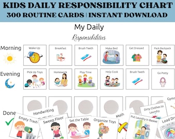 May include: A printable chart with colorful illustrations for kids to use as a daily responsibility checklist. The chart includes sections for morning, evening, and done. The chart includes tasks like wake up, brush teeth, make bed, pick up toys, homework, play time, help cook, go potty, empty trash, sweep floor, set the table, organize toys, math, put laundry in basket, load dryer, and gymnastics.