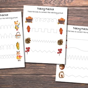 May include: Three white sheets of paper titled Tracing Practice with the subtitle trace the lines to connect the matching picture. Each page features colorful watercolor illustrations of woodland animals, autumn leaves, acorns, and mushrooms.