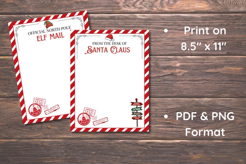 Peut inclure: Deux feuilles de papeterie sur le th&egrave;me de No&euml;l avec des bordures ray&eacute;es rouges et blanches. L'une indique "Official North Pole Elf Mail", l'autre "From the Desk of Santa Claus". Les deux pr&eacute;sentent des timbres festifs et un panneau indicateur.