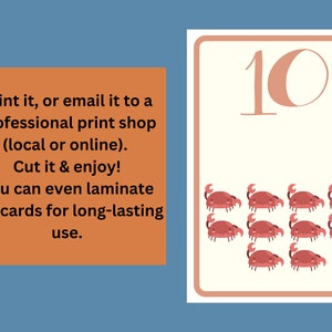 May include: A printable card with the number 10 and ten red crabs. Instructions for printing, cutting, and laminating the card are included.
